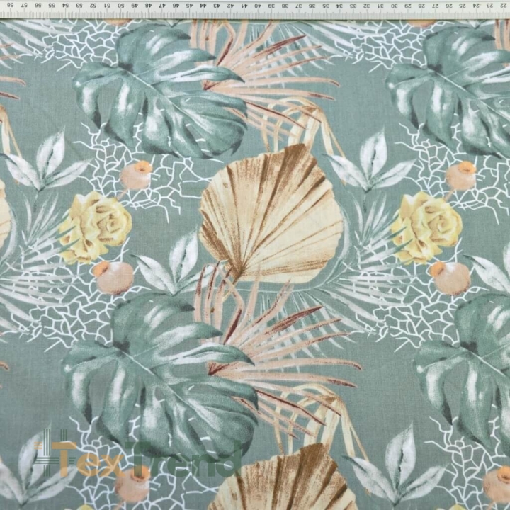 Baumwolle 100% Monstera-Blätter und Boho-Sträuße auf salbeigrünem Hintergrund  