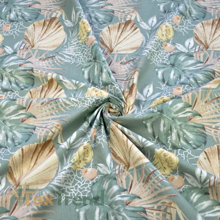 Baumwolle 100% Monstera-Blätter und Boho-Sträuße auf salbeigrünem Hintergrund  