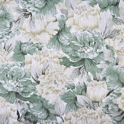 Baumwolle 100% Pfingstrosen in salbeifarbenen Blättern  