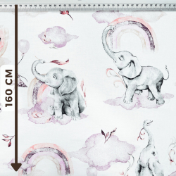 Baumwolle 100% pastellfarbene Elefanten rosa mit Regenbogen auf weißem Hintergrund  