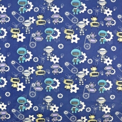 Baumwolle 100% Roboter blau-gelb auf jeansfarbenem Hintergrund  