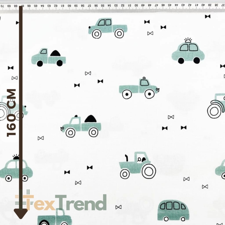 100% Baumwolle mit salbeigrünen Autos auf weißem Hintergrund  