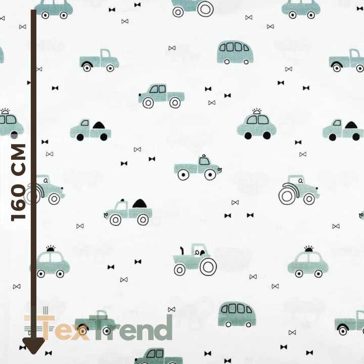 100% Baumwolle mit salbeigrünen Autos auf weißem Hintergrund  