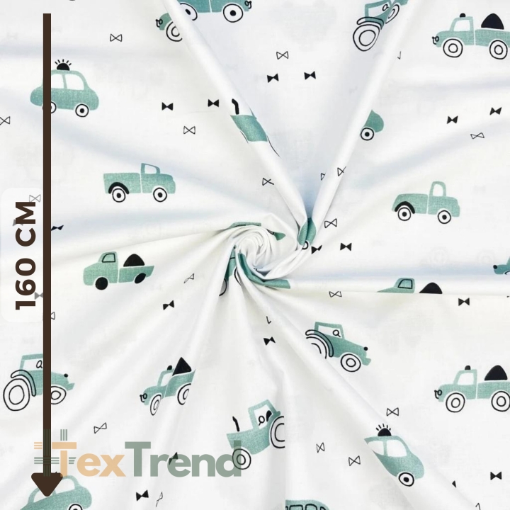 100% Baumwolle mit salbeigrünen Autos auf weißem Hintergrund  