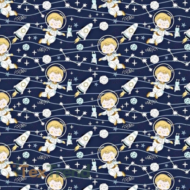 Baumwolle 100% Astronauten mit Raketen auf dunkelblauem Hintergrund  