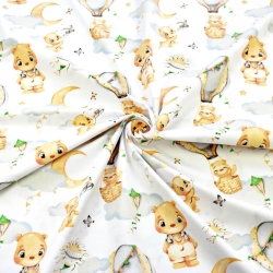 Baumwolle 100% Bären in beige-grau auf Luftballons auf weißem Hintergrund  