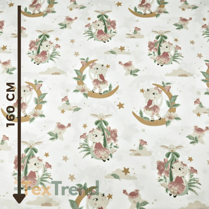 Baumwolle 100% Hasen auf braun-grünen Monden auf weißem Hintergrund  