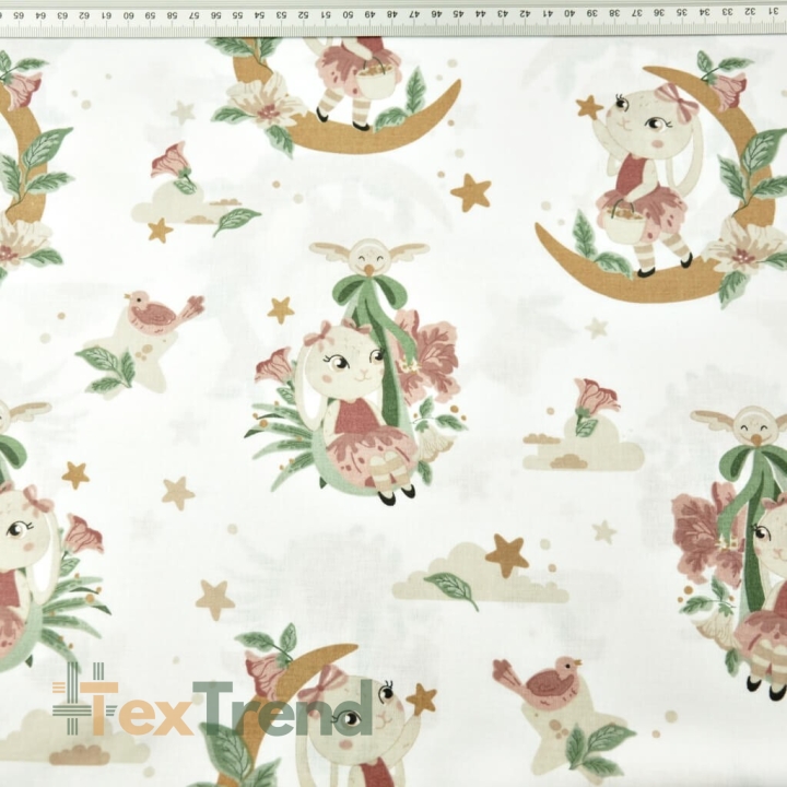 Baumwolle 100% Hasen auf braun-grünen Monden auf weißem Hintergrund  