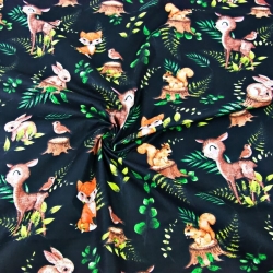 Baumwolle 100% Reh und Tiere mit Farnblättern auf schwarzem Hintergrund  