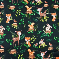 Baumwolle 100% Reh und Tiere mit Farnblättern auf schwarzem Hintergrund  