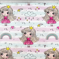 Baumwolle 100% Prinzessinnen mit Regenbogen auf rosa-mint gestreift  