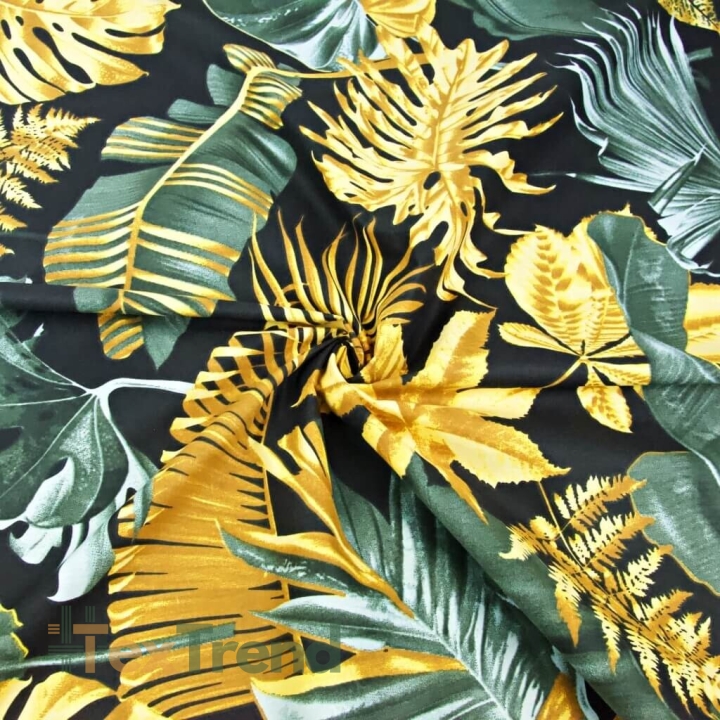 Baumwolle 100% Große Blätter gold-grau-oliv auf schwarzem Hintergrund  