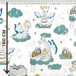 100% Baumwolle mit grauen Drachen auf weißem Hintergrund  