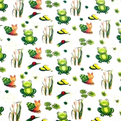 100% Baumwolle mit grünen Fröschen auf weißem Hintergrund  
