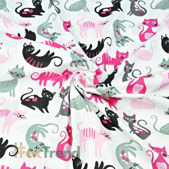 Baumwolle 100% rosa-graue Kätzchen auf weißem Hintergrund  