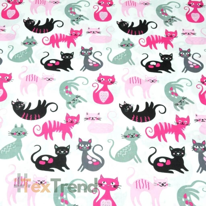 Baumwolle 100% rosa-graue Kätzchen auf weißem Hintergrund  