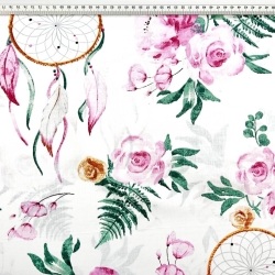 100% Baumwolle mit rosa Blumen und Traumfängern auf weißem Hintergrund  