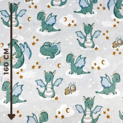 100% Baumwolle mit salbeigrünen Drachen auf grauem Hintergrund  