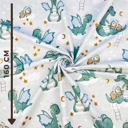 100% Baumwolle mit salbeigrünen Drachen auf grauem Hintergrund  