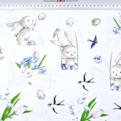 Baumwolle 100% Osterhasen mit Blumen auf weißem Hintergrund  