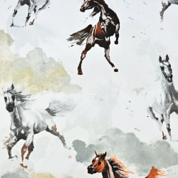 Baumwolle 100% braun-weiße Pferde auf weißem Hintergrund  