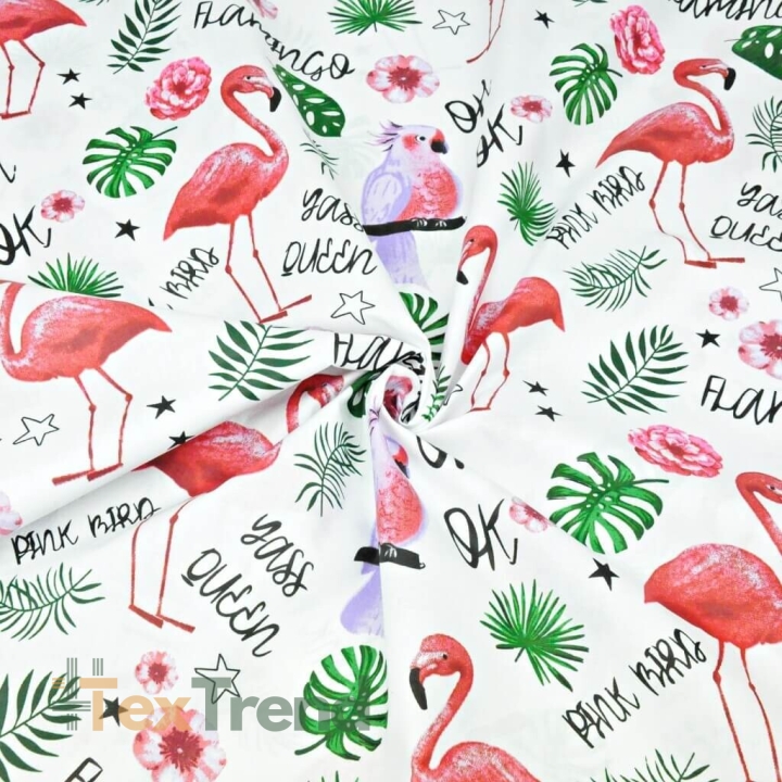 Baumwolle 100% Flamingos und Papageien mit Blättern auf weißem Hintergrund  
