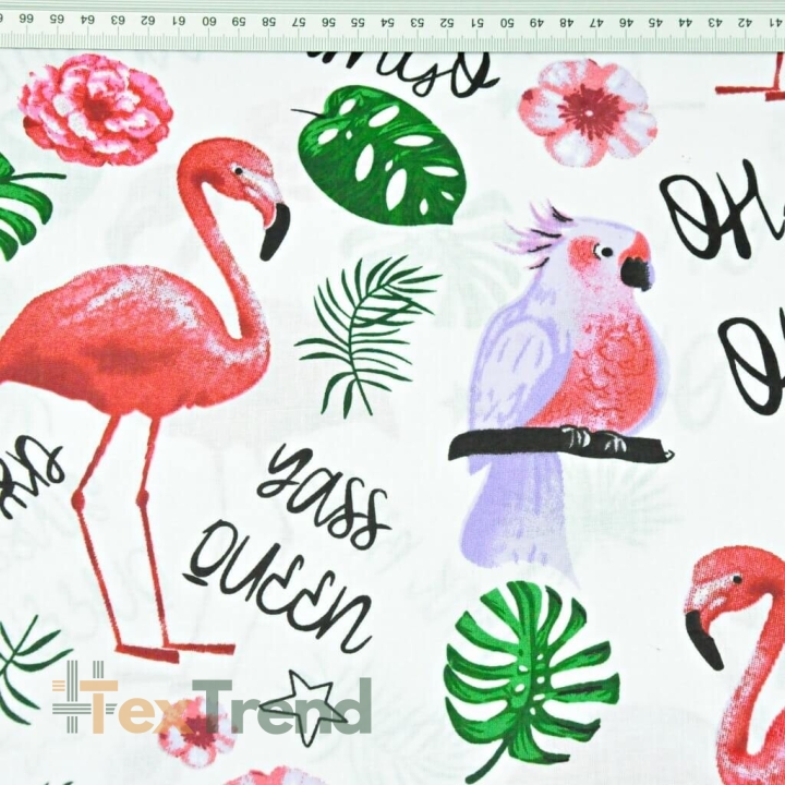 Baumwolle 100% Flamingos und Papageien mit Blättern auf weißem Hintergrund  