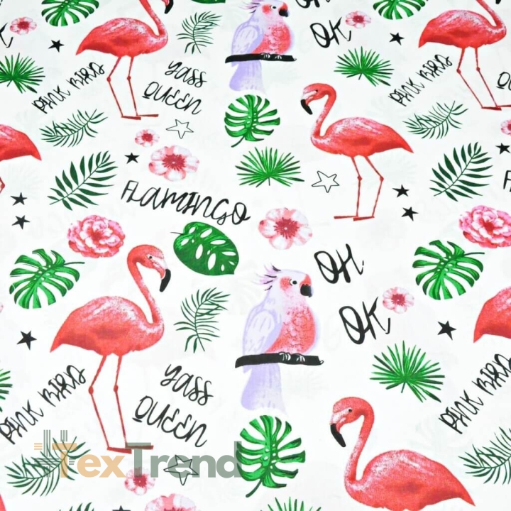 Baumwolle 100% Flamingos und Papageien mit Blättern auf weißem Hintergrund  