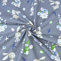 Baumwolle 100% Osterhasen mit Blumen auf dunkelgrauem Hintergrund  