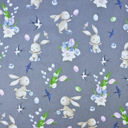 Baumwolle 100% Osterhasen mit Blumen auf dunkelgrauem Hintergrund  