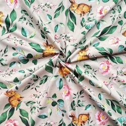 Baumwolle 100% Hasen mit Blättern auf beige Hintergrund  