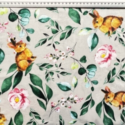 Baumwolle 100% Hasen mit Blättern auf beige Hintergrund  