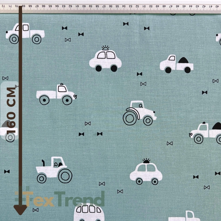 Baumwolle 100% weiße Autos auf salbeigrünem Hintergrund  