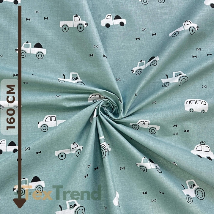 Baumwolle 100% weiße Autos auf salbeigrünem Hintergrund  