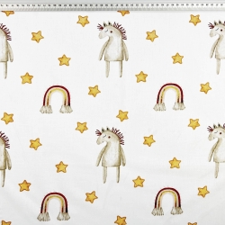 100% Baumwolle mit braunen Pferden und Regenbögen auf weißem Hintergrund  