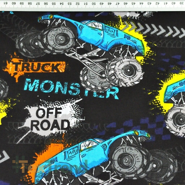 Baumwolle 100% Monstertruck-Autos auf schwarzem Hintergrund  