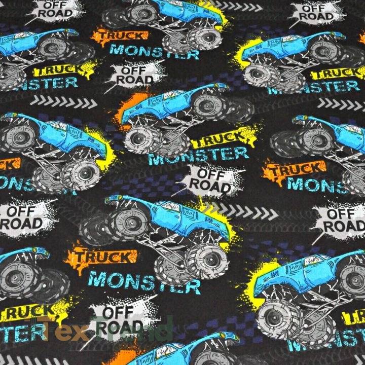 Baumwolle 100% Monstertruck-Autos auf schwarzem Hintergrund  