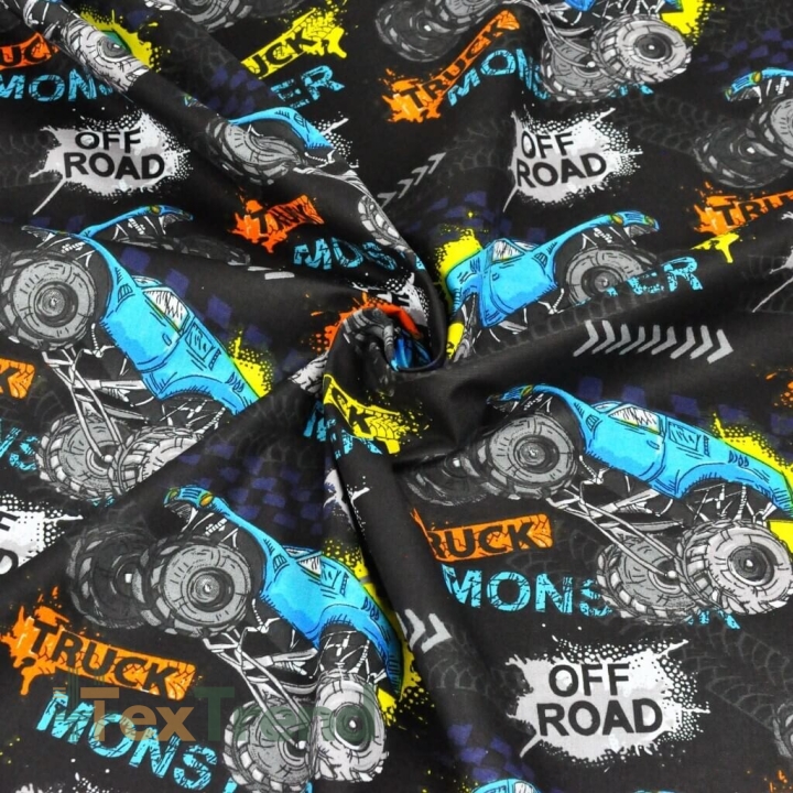 Baumwolle 100% Monstertruck-Autos auf schwarzem Hintergrund  