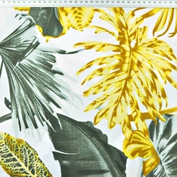 Baumwolle 100% große Blätter gold grau-oliv auf weißem Hintergrund  