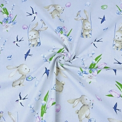 Baumwolle 100% Osterhasen mit Blumen auf hellgrauem Hintergrund  