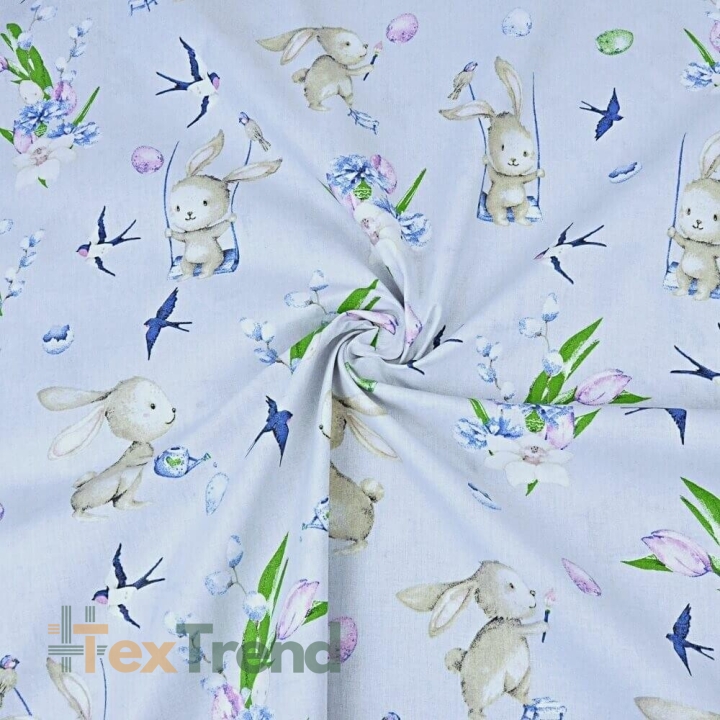 Baumwolle 100% Osterhasen mit Blumen auf hellgrauem Hintergrund  