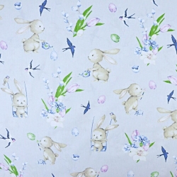 Baumwolle 100% Osterhasen mit Blumen auf hellgrauem Hintergrund  