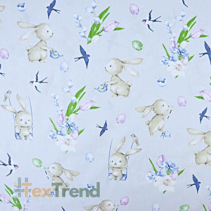 Baumwolle 100% Osterhasen mit Blumen auf hellgrauem Hintergrund  