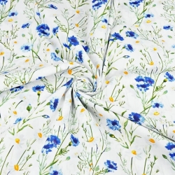 Baumwolle 100% Blumen Kornblumen und Kamille auf weißem Hintergrund