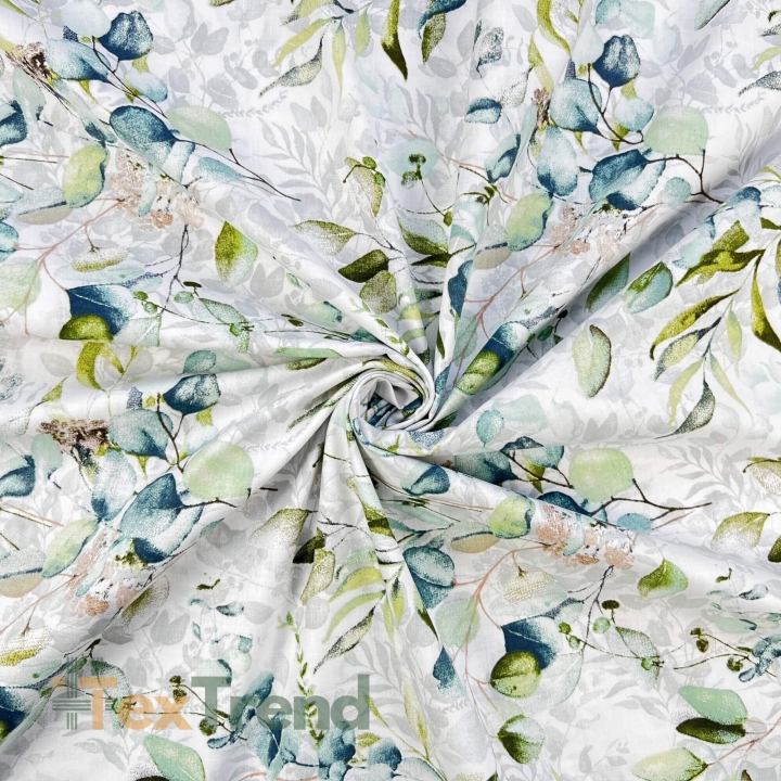 100% Baumwolle mit mint-türkisen Eukalyptusblättern - 220cm  