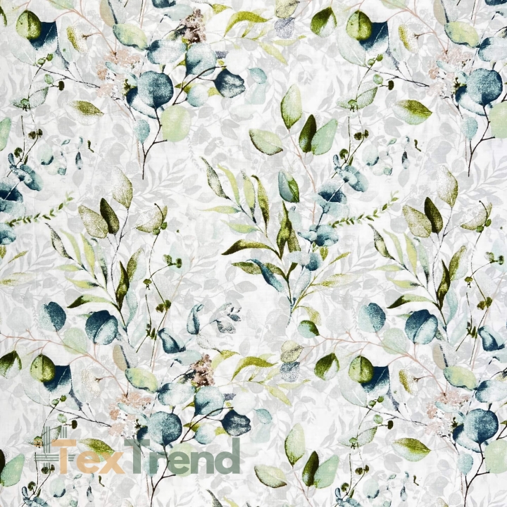 100% Baumwolle mit mint-türkisen Eukalyptusblättern - 220cm  