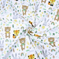 Baumwolle 100% grüne Tiere mit Regenbögen auf weißem Hintergrund  