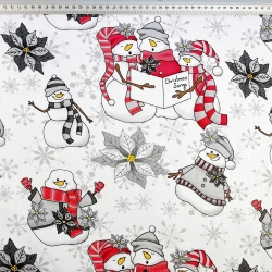 Baumwolle 100% Weihnachtsmuster Schneemänner rot-grau auf weißem Hintergrund  