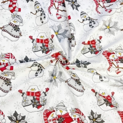 Baumwolle 100% Weihnachtsmuster Schneemänner rot-grau auf weißem Hintergrund  