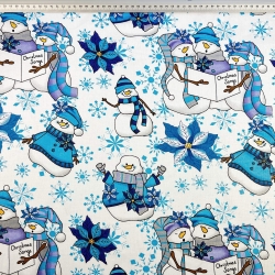 Baumwolle 100% Weihnachtsmuster Schneemänner blau-grau auf weißem Hintergrund  